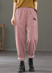 Stylish Pink Elastic Waist Patchwork Corduroy Harem Pants Fall