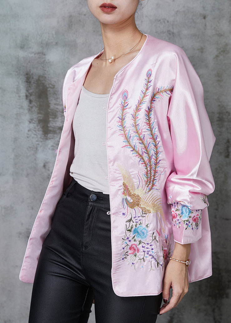 Stylish Pink Embroidered Pockets Silk Jacket Spring