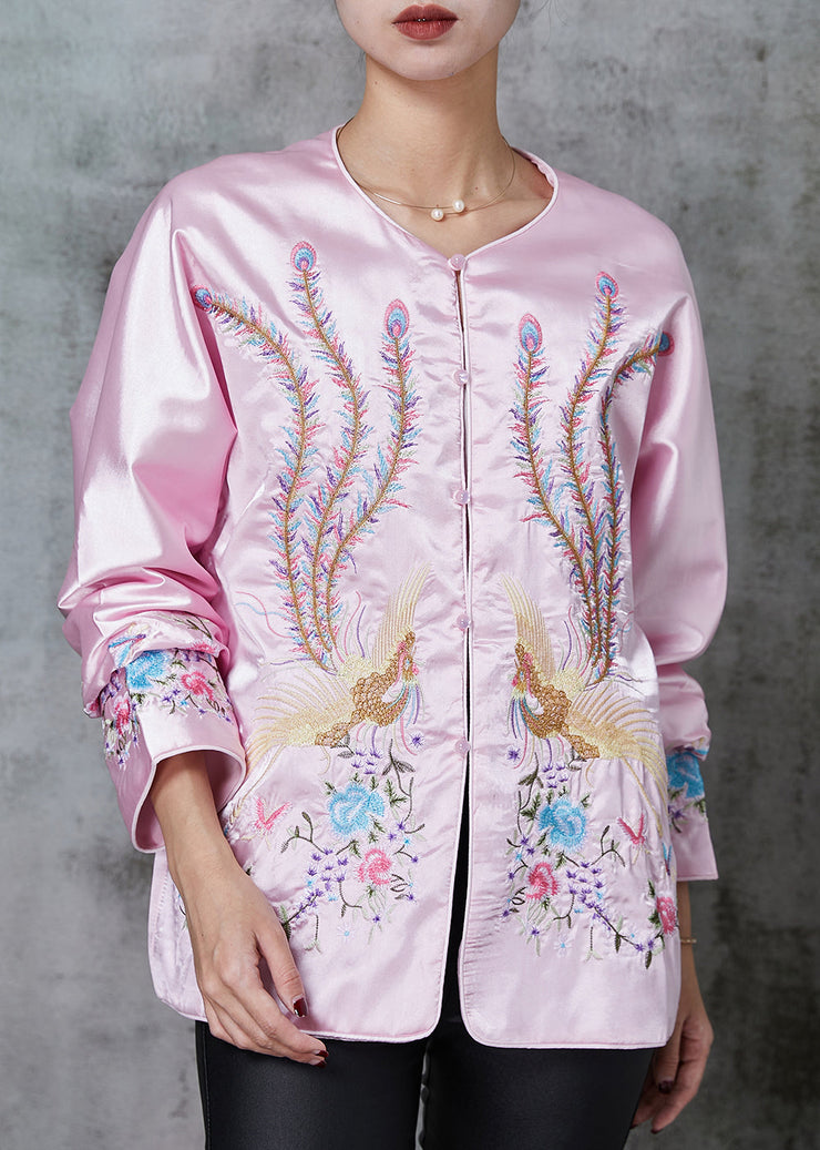 Stylish Pink Embroidered Pockets Silk Jacket Spring