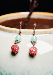 Stylish Pink Flower Zircon Jade Drop Earrings