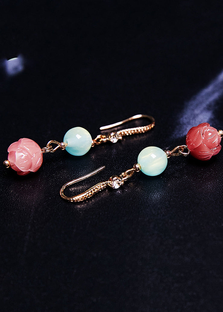 Stylish Pink Flower Zircon Jade Drop Earrings