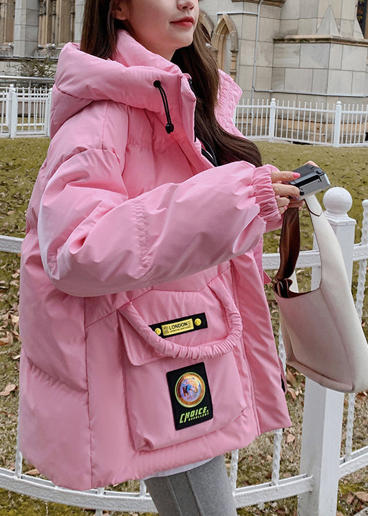 Stylish Pink Hooded Pockets Duck Down Puffers Jackets Winter