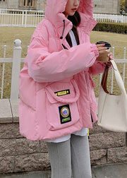 Stylish Pink Hooded Pockets Duck Down Puffers Jackets Winter