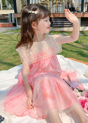 Stylish Pink Nail Bead Wrinkled Patchwork Tulle Kids Girls Dress Summer