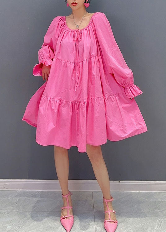 Stylish Pink O Neck Cinched Patchwork Cotton Dress Lantern Sleeve