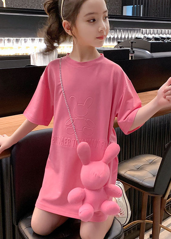 Stylish Pink O Neck Patchwork Cotton Kids Girls T Shirt Dresses Summer