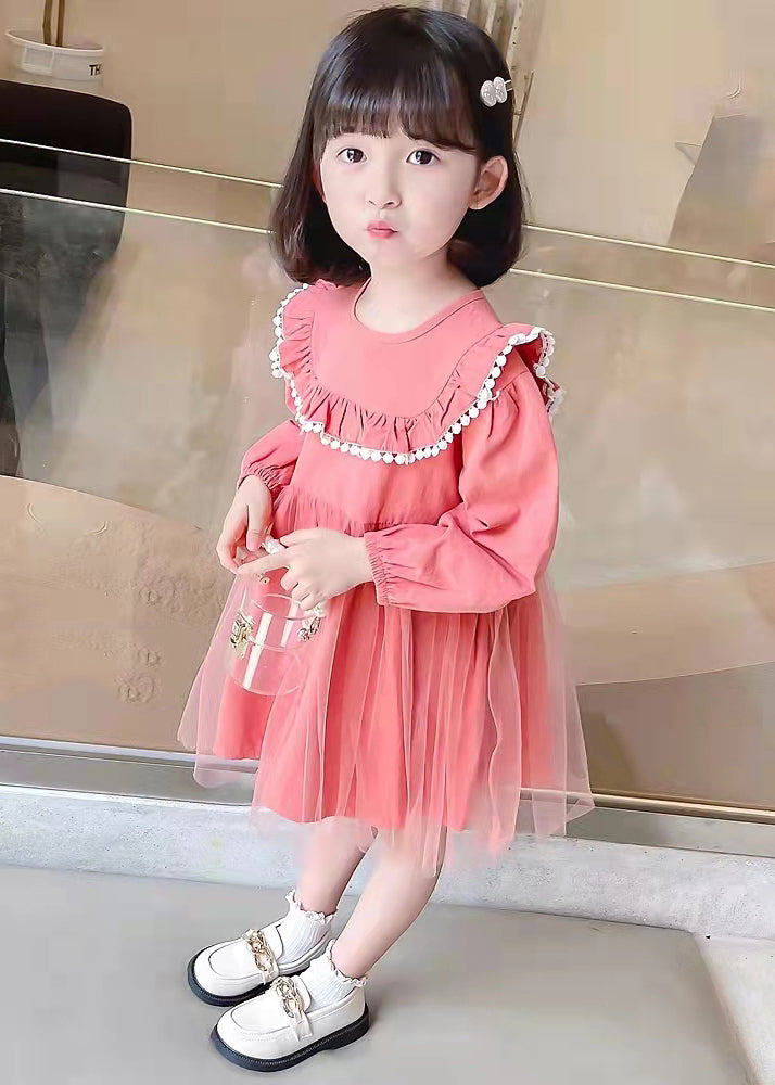 Stylish Pink O Neck Wrinkled Patchwork Cotton Kids Girls Dresses Fall