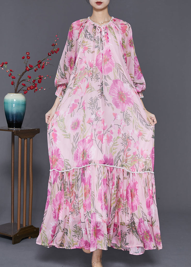 Stylish Pink Oversized Print Chiffon Maxi Dresses Spring