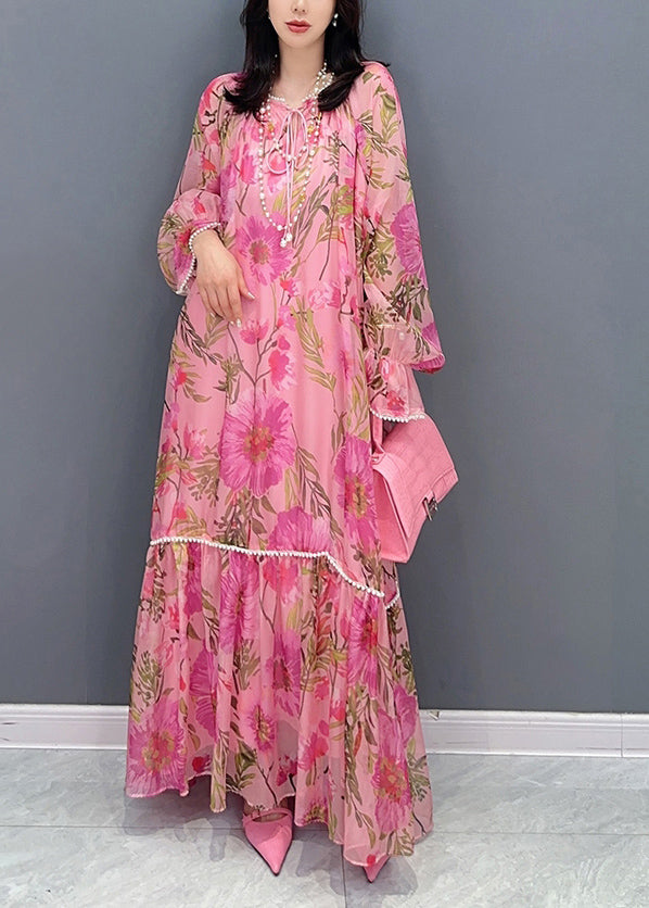 Stylish Pink Print Patchwork Chiffon Long Dress Fall