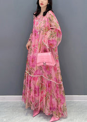 Stylish Pink Print Patchwork Chiffon Long Dress Fall