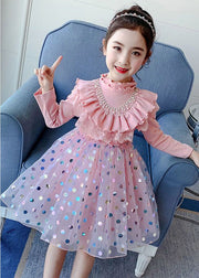 Stylish Pink Ruffled Dot Patchwork Cotton Baby Girls Dresses Fall