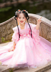 Stylish Pink Ruffled Patchwork Snow Embroideried Tulle Layered Girls Maxi Dresses Summer