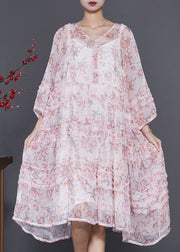 Stylish Pink Ruffled Print Chiffon Dress Spring