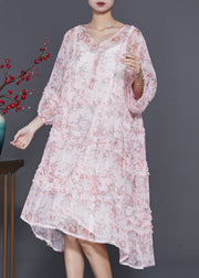 Stylish Pink Ruffled Print Chiffon Dress Spring