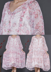 Stylish Pink Ruffled Print Chiffon Dress Spring