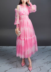 Stylish Pink Ruffled Print Elastic Waist Tulle Long Dresses Fall