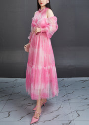 Stylish Pink Ruffled Print Elastic Waist Tulle Long Dresses Fall