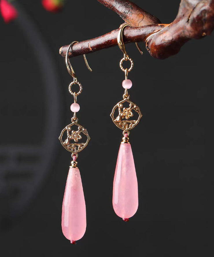 Stylish Pink Sterling Silver Alloy Water Drop Chalcedony Drop Earrings