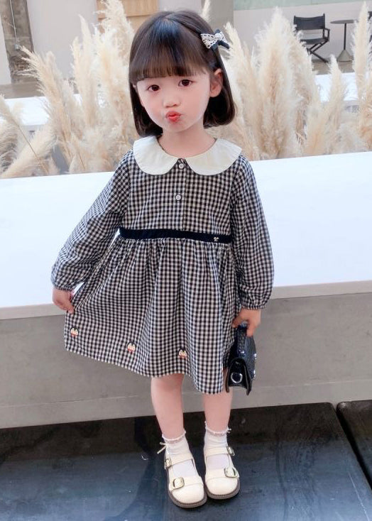 Stylish Plaid Button High Waist Cotton Girls Dress Long Sleeve