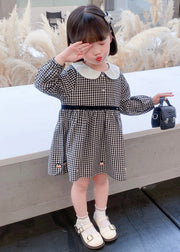 Stylish Plaid Button High Waist Cotton Girls Dress Long Sleeve