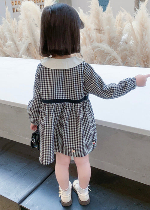 Stylish Plaid Button High Waist Cotton Girls Dress Long Sleeve