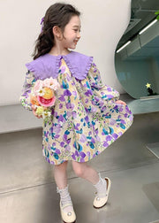 Stylish Purple Peter Pan Collar Print Girls Long Dresses Long Sleeve