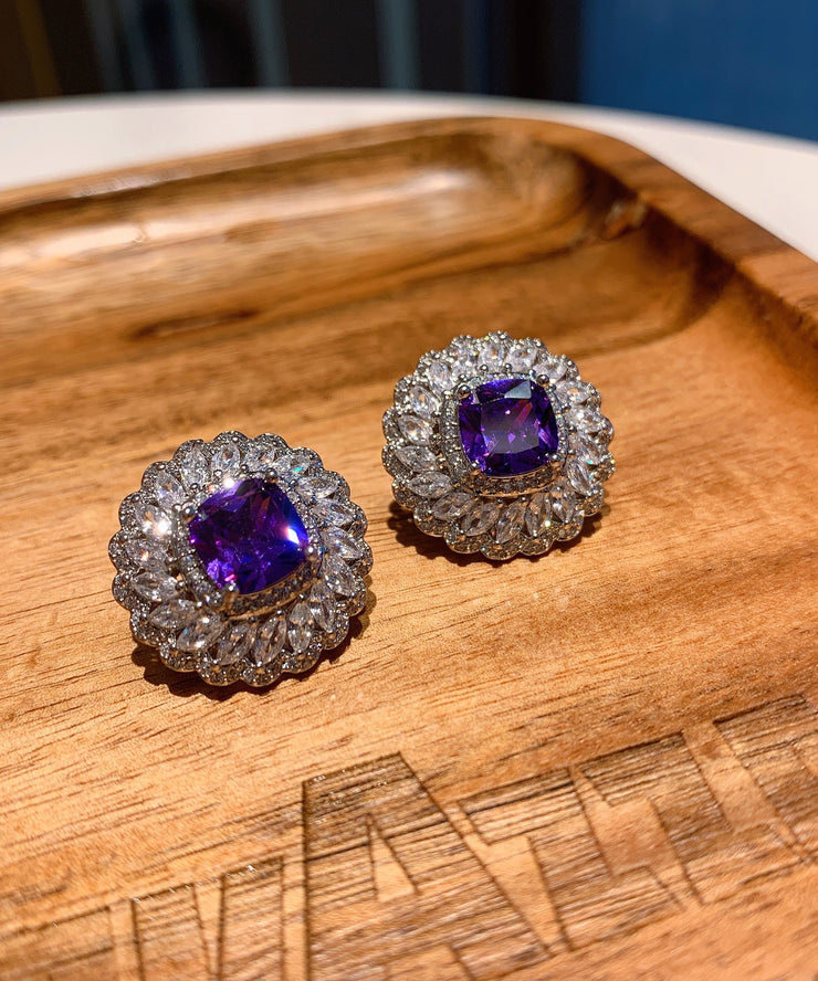 Stylish Purple Sterling Silver Inlaid Gem Stone Zircon Stud Earrings