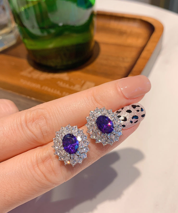 Stylish Purple Sterling Silver Inlaid Gem Stone Zircon Stud Earrings