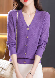 Stylish Purple V Neck Button Knit Cardigan Fall