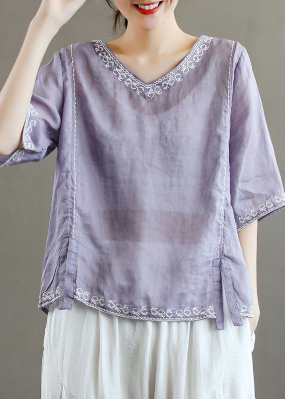 Stylish Purple V Neck Embroideried Floral Linen T Shirt Half Sleeve