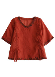 Stylish Purple V Neck Embroideried Floral Linen T Shirt Half Sleeve