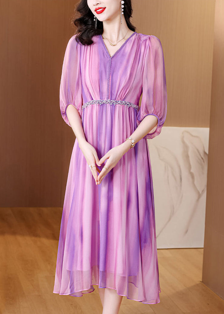 Stylish Purple V Neck Striped Wrinkled Silk Long Dresses Summer