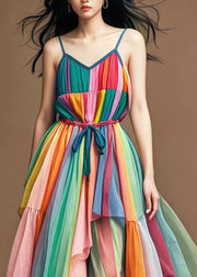 Stylish Rainbow Cinched Patchwork Tulle Spaghetti Strap Dress Summer