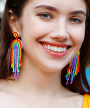 Stylish Rainbow Knit Fabric Tassel Drop Earrings