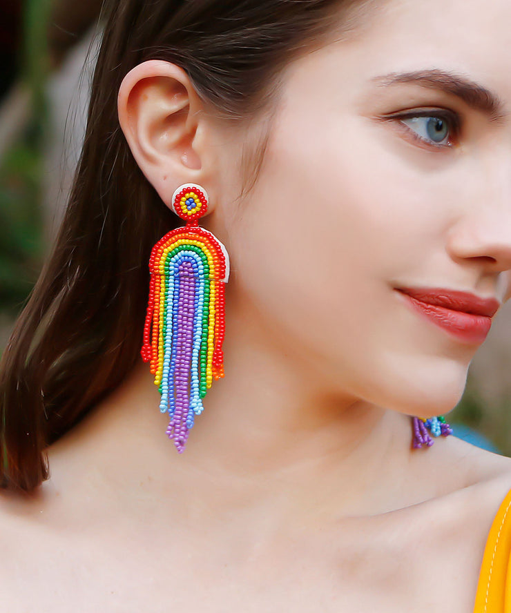 Stylish Rainbow Knit Fabric Tassel Drop Earrings