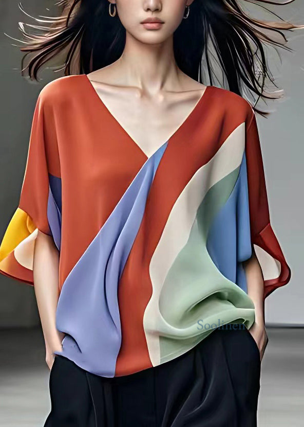 Stylish Rainbow V Neck Chiffon Shirt Fall