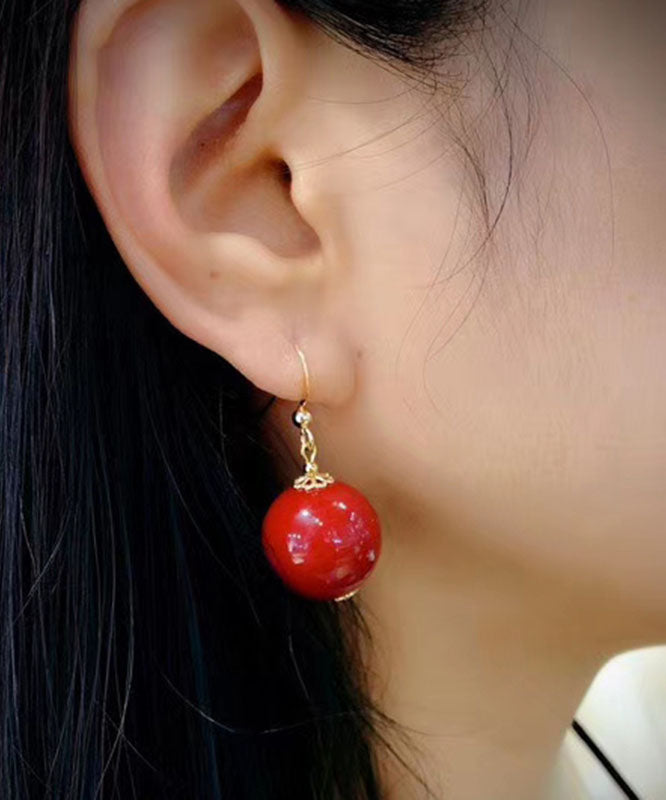 Stylish Red 14K Gold Agate Ball Drop Earrings