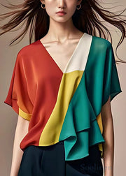 Stylish Red Asymmetrical Patchwork Chiffon Tops Summer