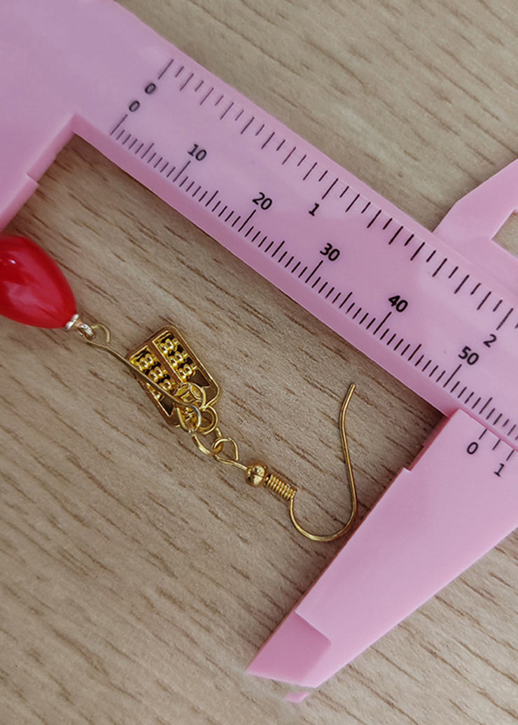 Stylish Red Coral 14K Gold Abacus Drop Earrings