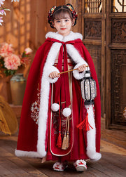 Stylish Red Embroideried Fuzzy Fur Fluffy Girls Hooded Cloak And Long Dress Two Pieces Set Long Sleeve