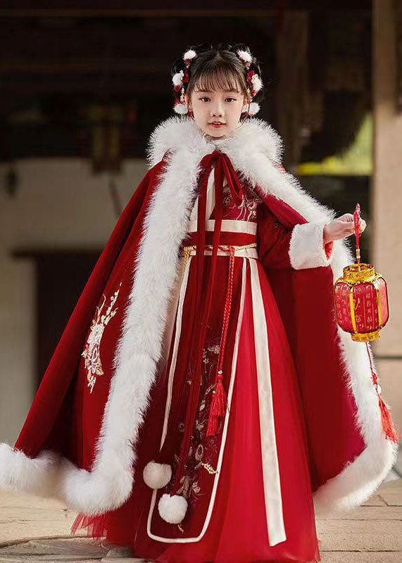 Stylish Red Embroideried Fuzzy Fur Fluffy Girls Hooded Cloak And Long Dress Two Pieces Set Long Sleeve