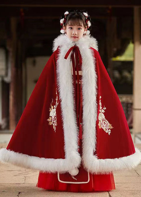 Stylish Red Embroideried Fuzzy Fur Fluffy Girls Hooded Cloak And Long Dress Two Pieces Set Long Sleeve