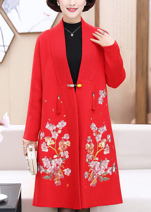 Stylish Red Embroideried Tassel Woolen Coats Long Sleeve