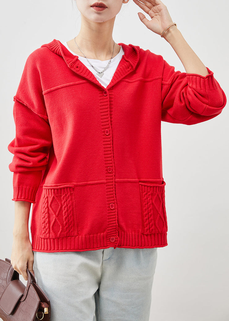 Stylish Red Hooded Pockets Knit Cardigans Spring