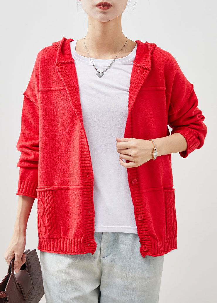 Stylish Red Hooded Pockets Knit Cardigans Spring