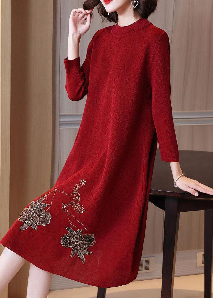 Stylish Red O-Neck Embroideried Knit Sweater Dress Spring