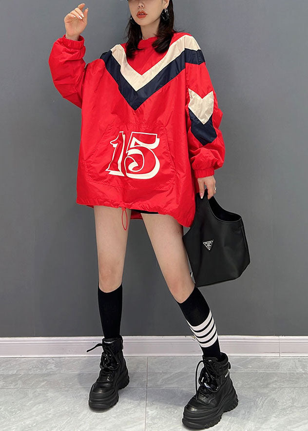 Stylish Red Oversized Pockets Drawstring Print Sweatshirts Top Fall