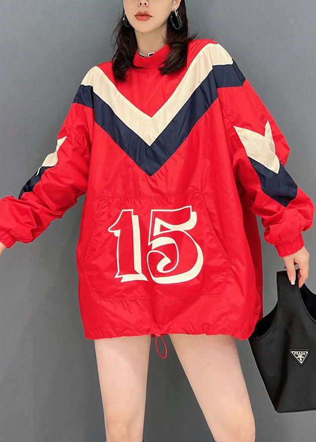 Stylish Red Oversized Pockets Drawstring Print Sweatshirts Top Fall