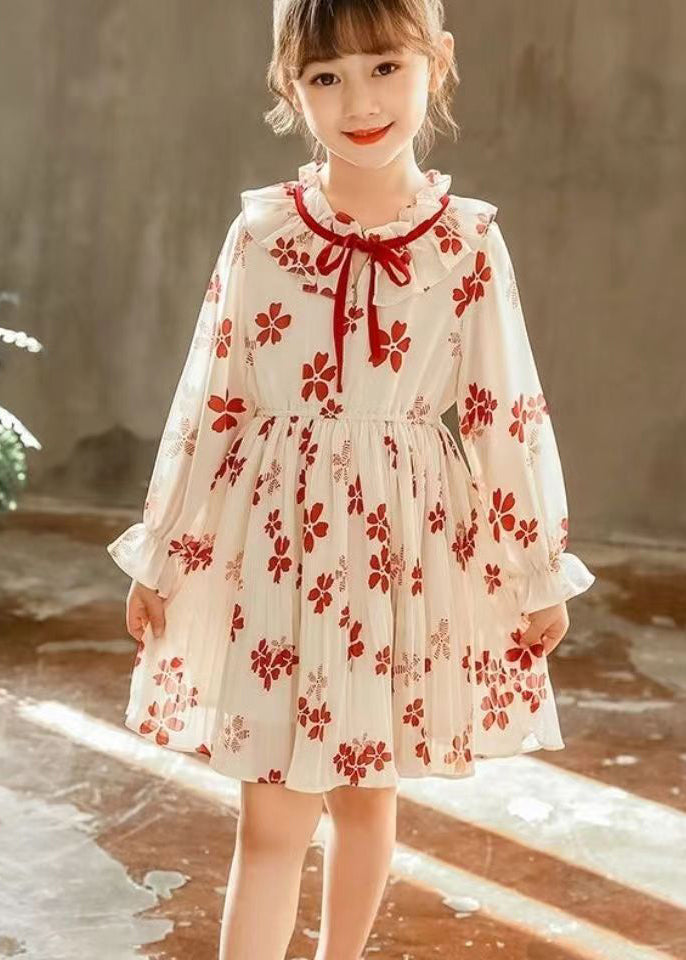 Stylish Red Ruffled Print Lace Up Chiffon Girls Dresses Flare Sleeve