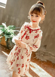 Stylish Red Ruffled Print Lace Up Chiffon Girls Dresses Flare Sleeve